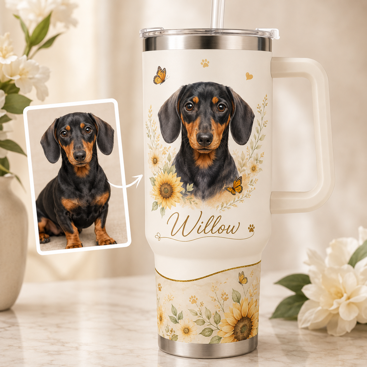 Custom Photo Dog Flower 40oz Tumbler | Gift For Dog Lovers | Pet Lover Gifts