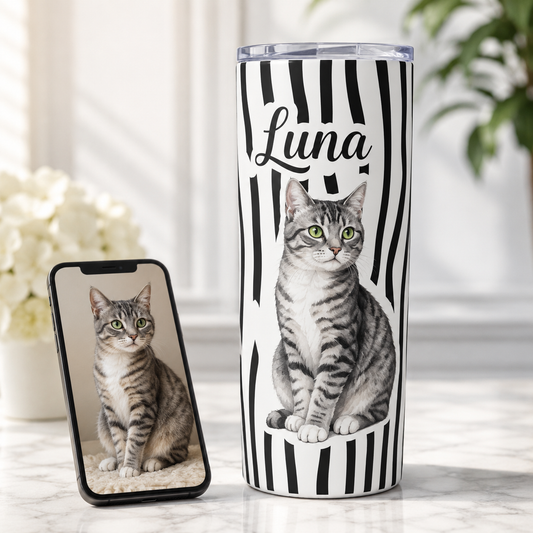 Personalized Photo Luna Cat Mom 20oz Skinny Tumbler – Custom Cat Photo Skinny Tumbler for Woman and Cat Owners TOM99