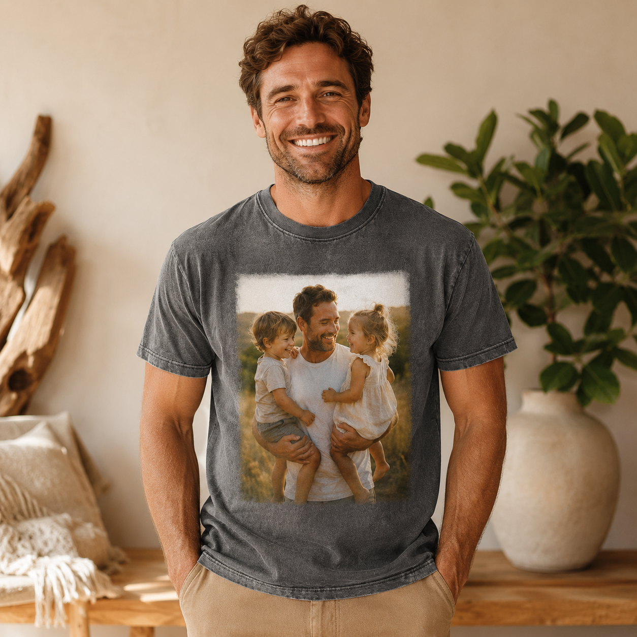 Custom Photo Father And Kids Wash T-Shirt, Personalized Dad Gifts | Gift For Dad TOM99