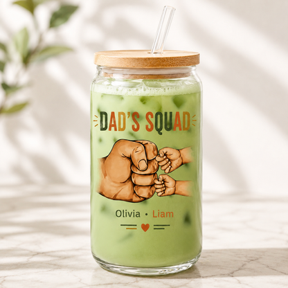 Custom Dad's Squad Glass 16oz | Personalized Dad Glass Cup with Bamboo Lid & Straw | Gift For Father TOM99