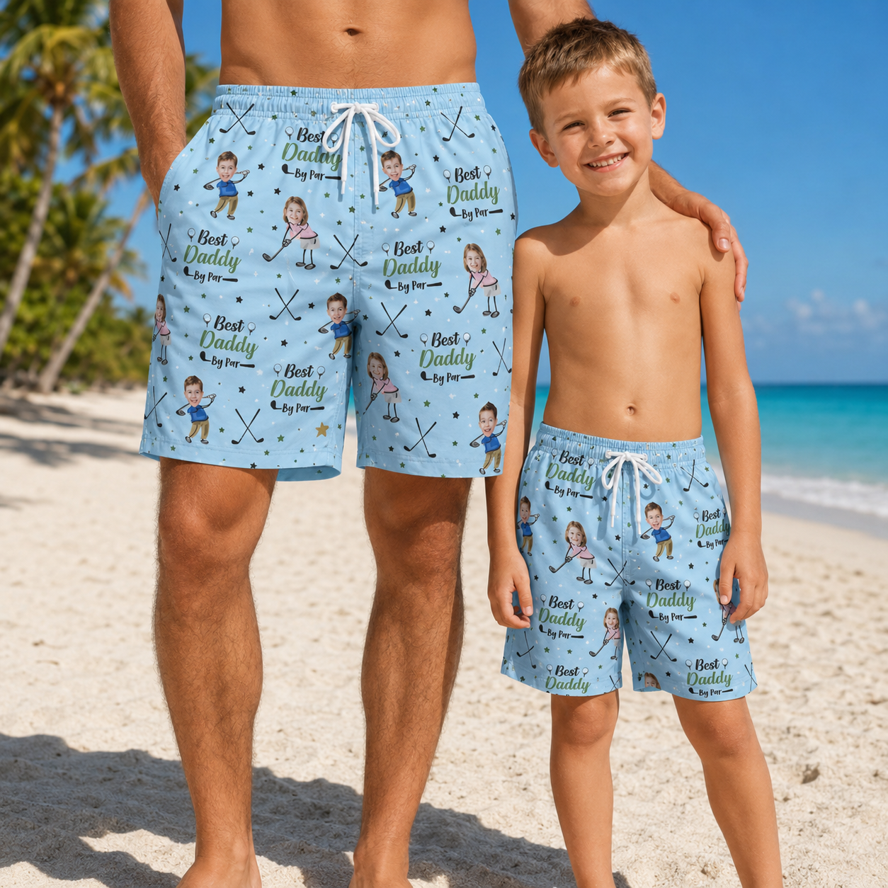 Custom Photo Best Daddy Summer Beach Shorts, Personalized Matching Swim Trunks, Tropical Family Vacation Gift