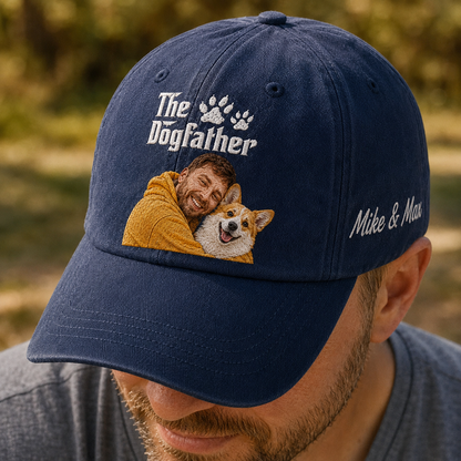 Personalized Photo DogFather Face Hat, Custom Pet Photo Embroidered Cap, Gift For Dog Lovers Pa99