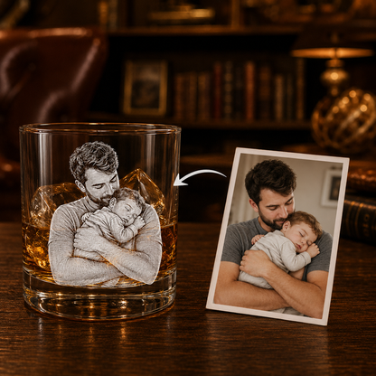 Custom Photo Dad & Baby Whiskey Glass | Photo Dad Portrait Gift | Father's Day Gifs | Gift For Father TOM99