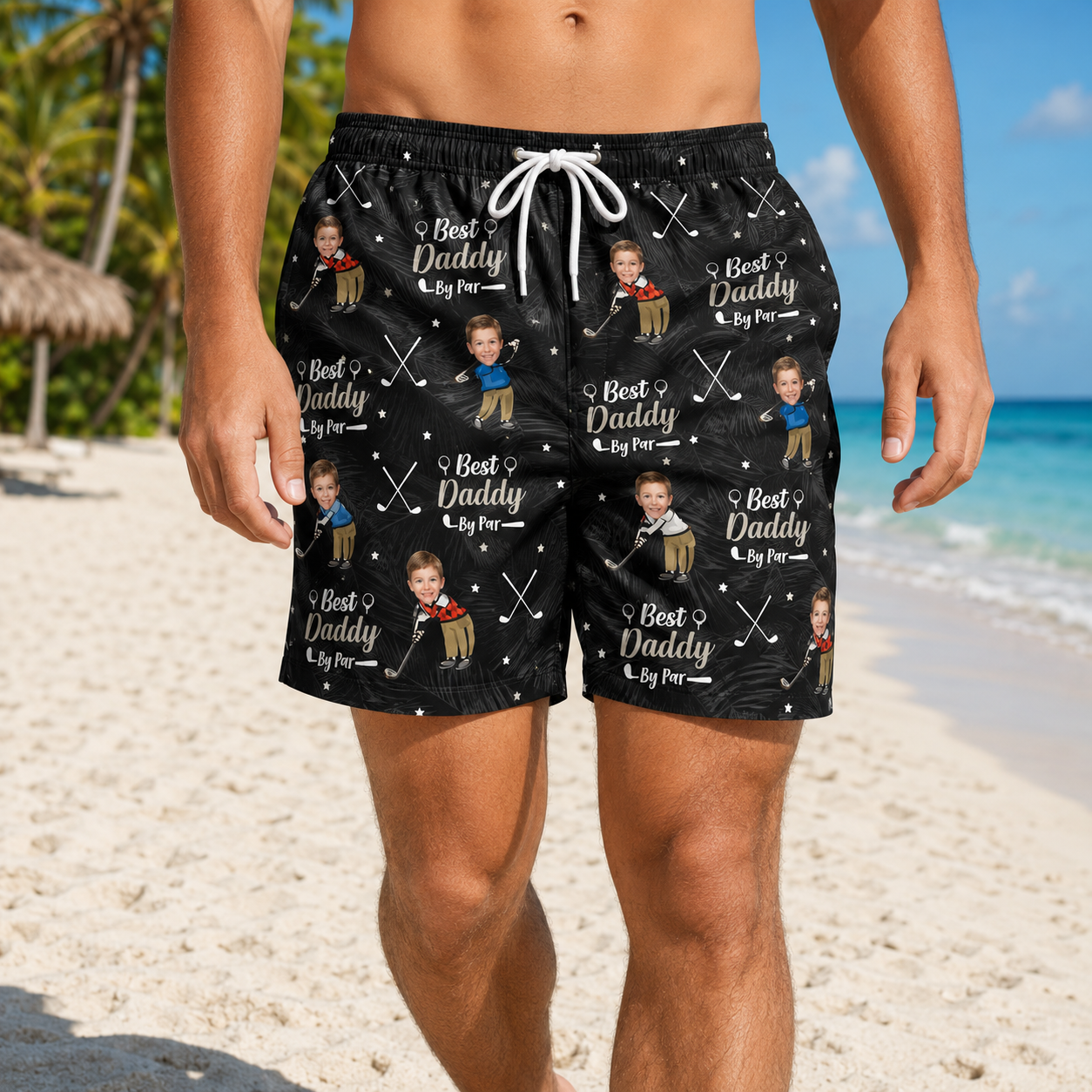 Custom Photo Best Daddy Summer Beach Shorts, Personalized Matching Swim Trunks, Tropical Family Vacation Gift
