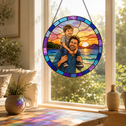 Custom Photo Dad & Son Stained Glass Suncatcher – Personalized Dad Gifts | Gift For Dad TOM99