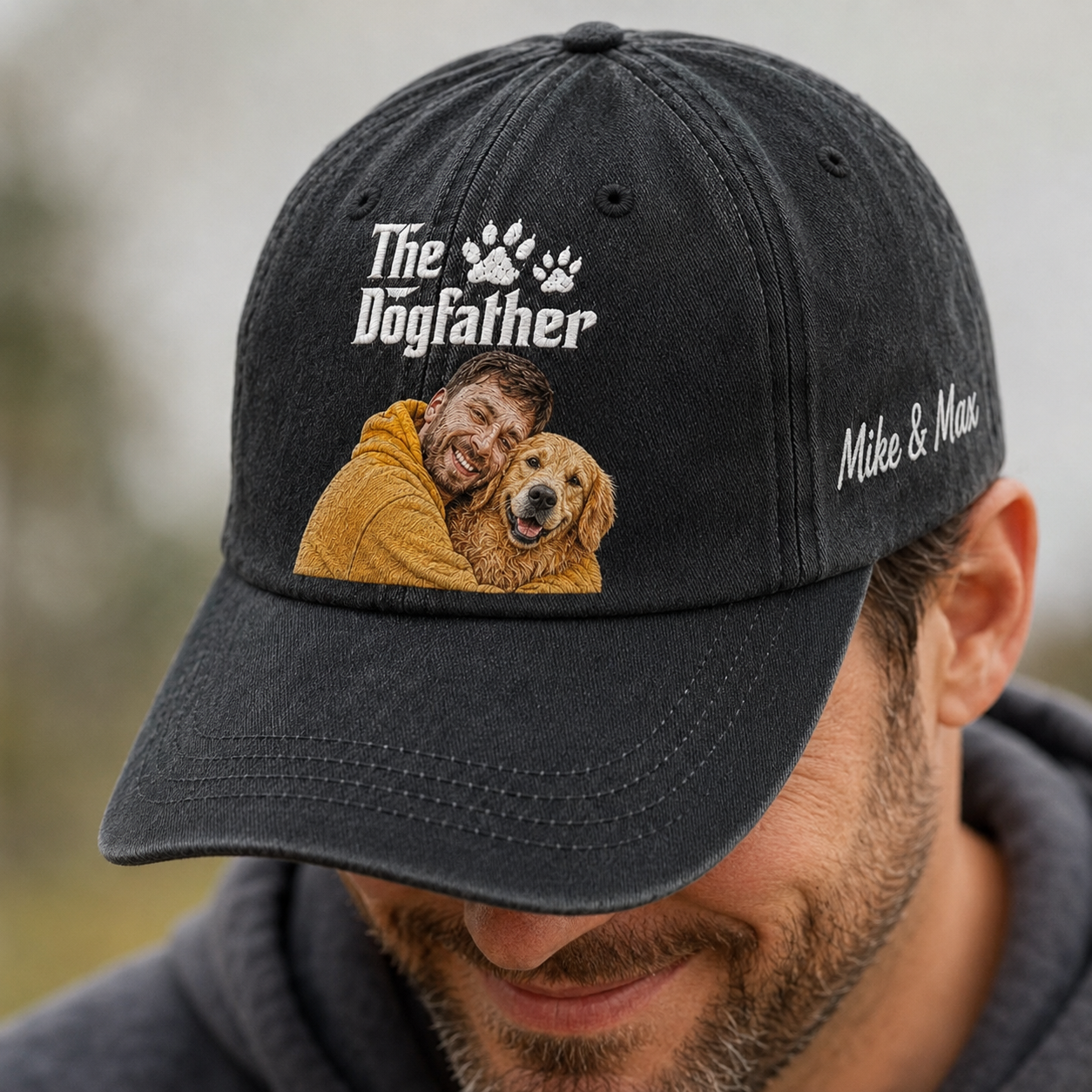 Personalized Photo DogFather Face Hat, Custom Pet Photo Embroidered Cap, Gift For Dog Lovers Pa99