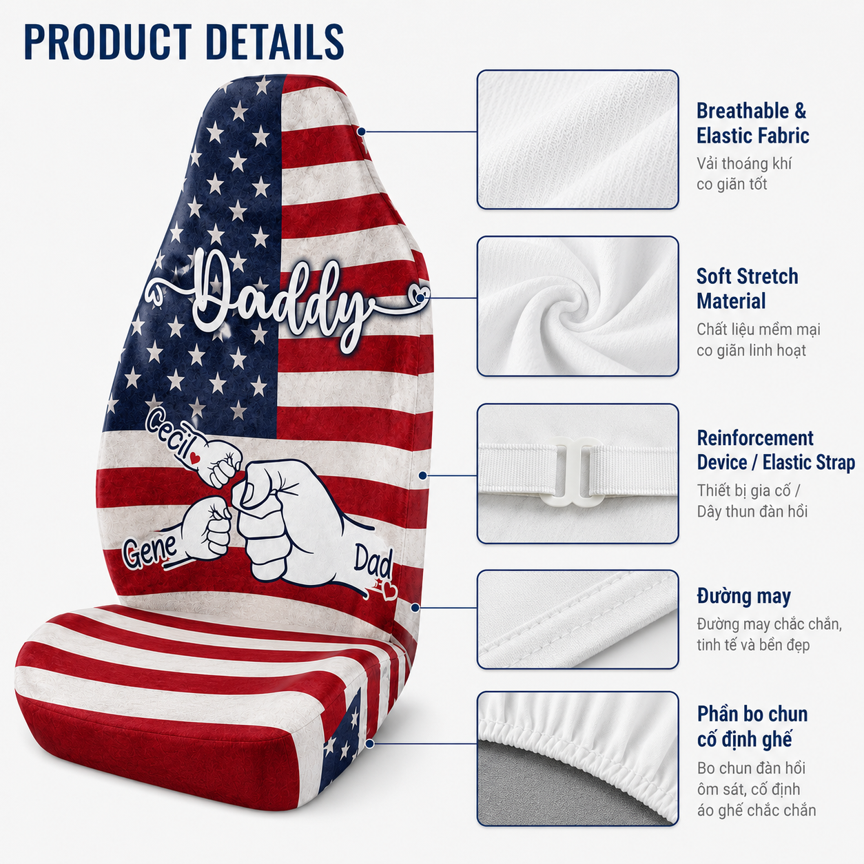 Personalized Daddy Portrait Car Seat Cover, Custom Dad Seat Protector, Gift For Dad TOM99
