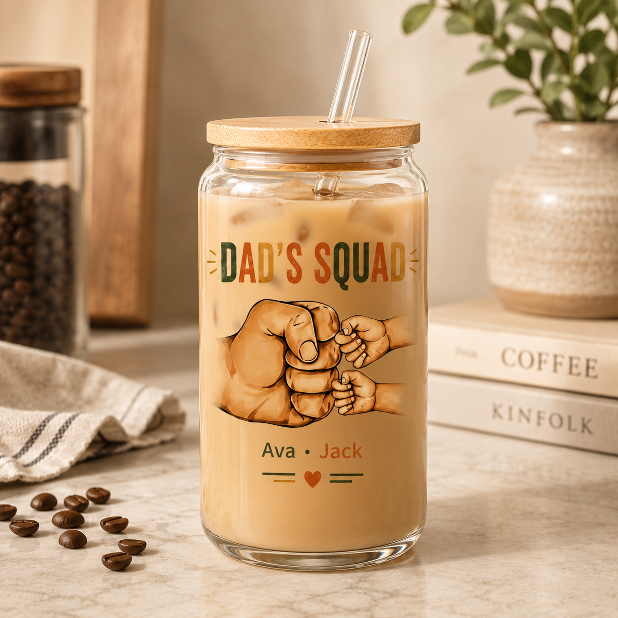 Custom Dad's Squad Glass 16oz | Personalized Dad Glass Cup with Bamboo Lid & Straw | Gift For Father TOM99