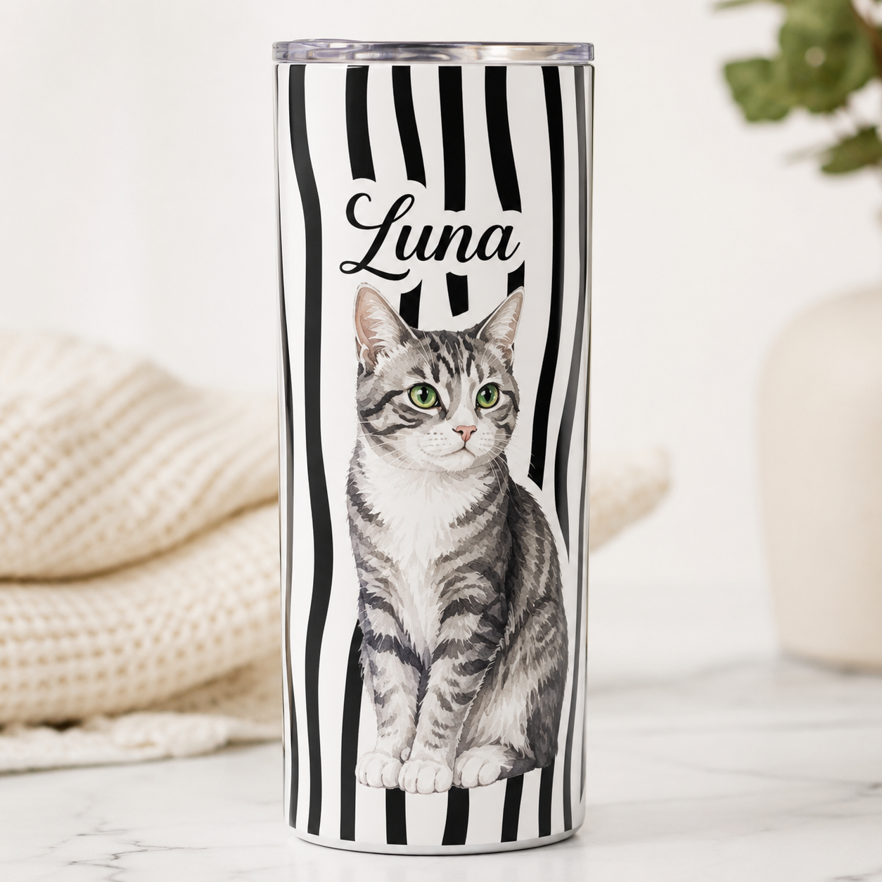Personalized Photo Luna Cat Mom 20oz Skinny Tumbler – Custom Cat Photo Skinny Tumbler for Woman and Cat Owners TOM99