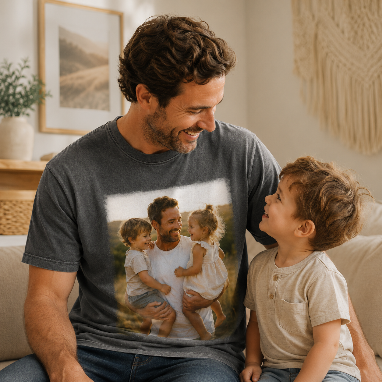 Custom Photo Father And Kids Wash T-Shirt, Personalized Dad Gifts | Gift For Dad TOM99