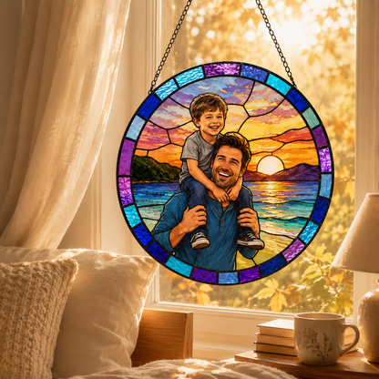 Custom Photo Dad & Son Stained Glass Suncatcher – Personalized Dad Gifts | Gift For Dad TOM99