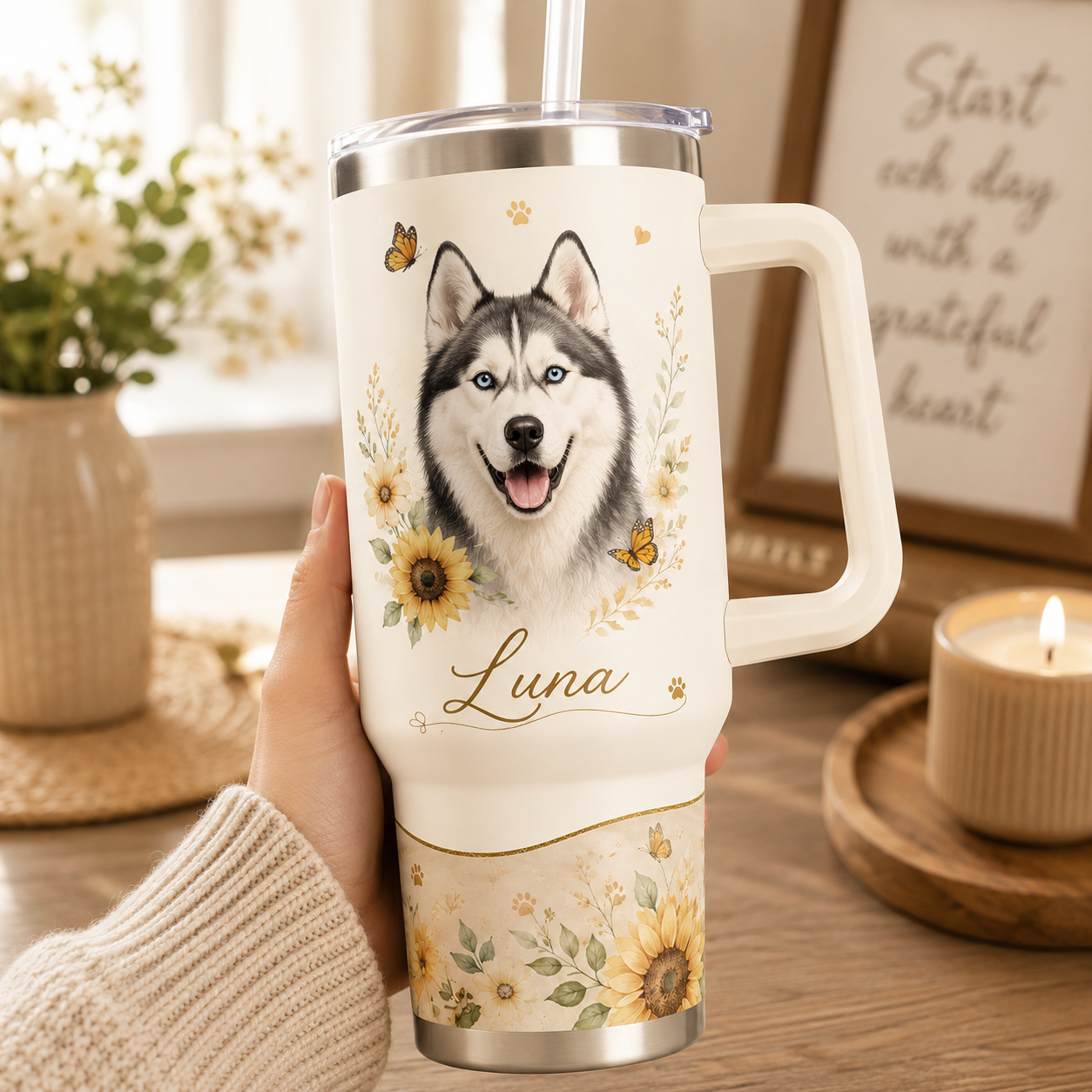Custom Photo Dog Flower 40oz Tumbler | Gift For Dog Lovers | Pet Lover Gifts