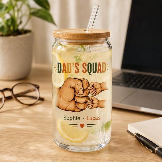 Custom Dad's Squad Glass 16oz | Personalized Dad Glass Cup with Bamboo Lid & Straw | Gift For Father TOM99