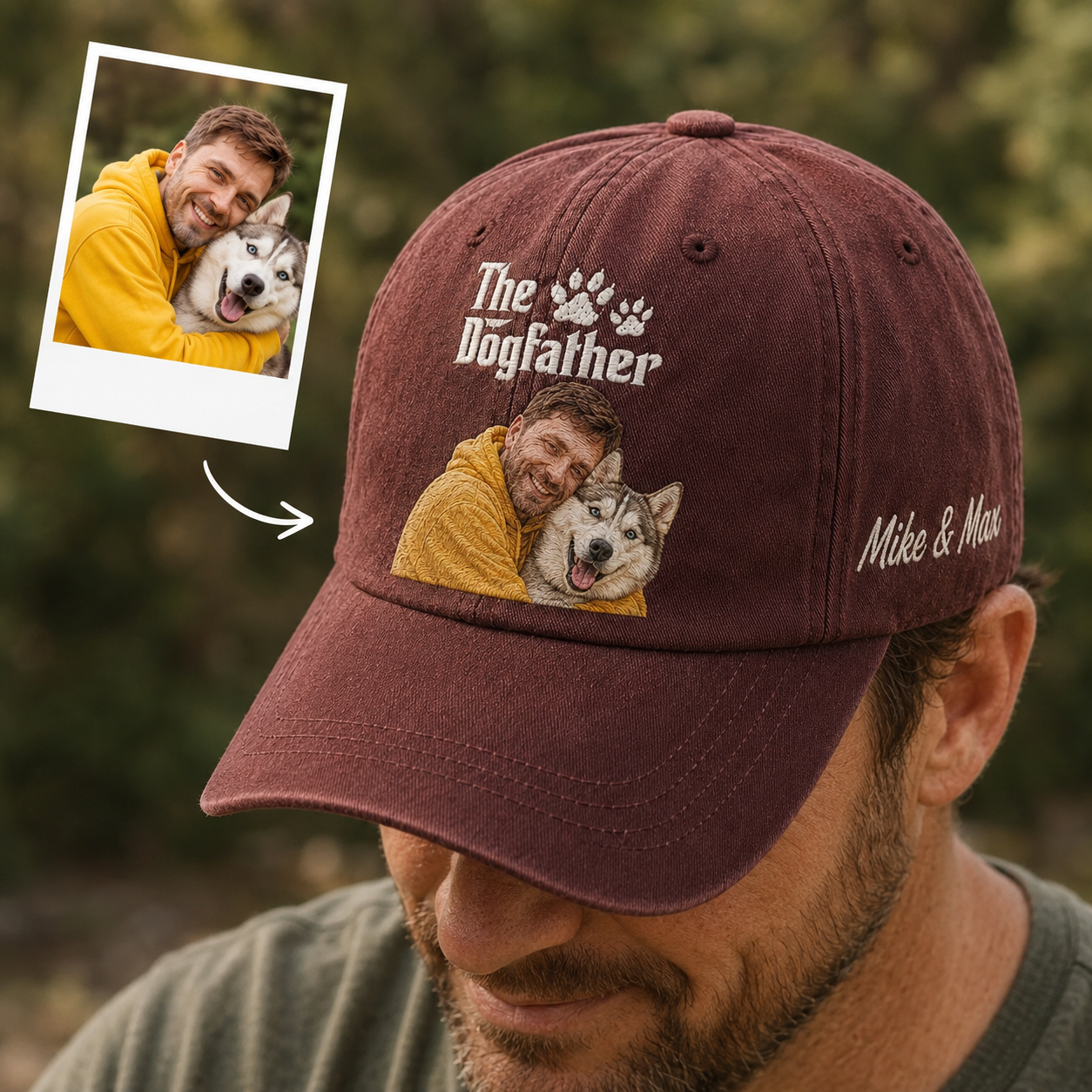 Personalized Photo DogFather Face Hat, Custom Pet Photo Embroidered Cap, Gift For Dog Lovers Pa99