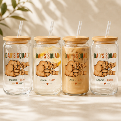 Custom Dad's Squad Glass 16oz | Personalized Dad Glass Cup with Bamboo Lid & Straw | Gift For Father TOM99