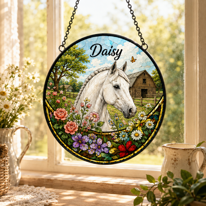 Custom Photo Horse Stained Glass Suncatcher – Personalized Horse Lover Gifts | Gift For Horse Lover TOM99