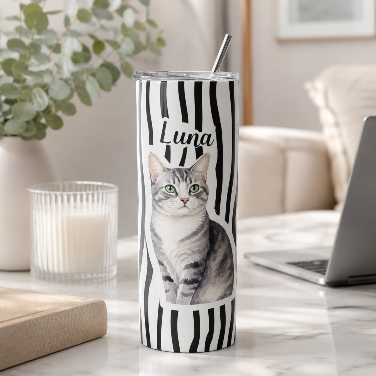 Personalized Photo Luna Cat Mom 20oz Skinny Tumbler – Custom Cat Photo Skinny Tumbler for Woman and Cat Owners TOM99