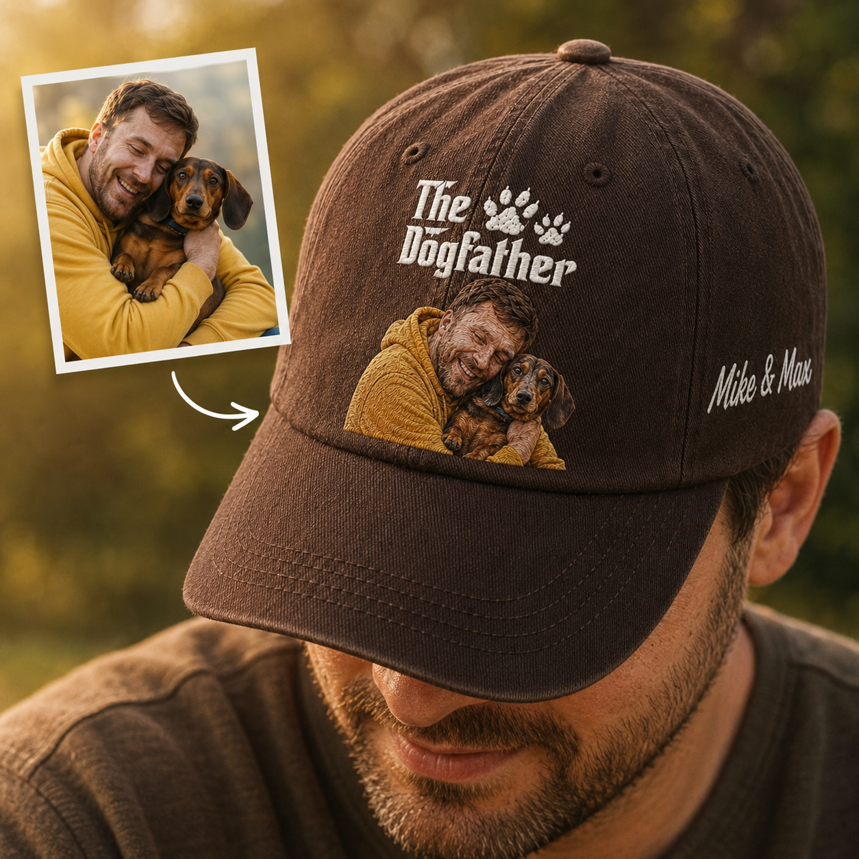 Personalized Photo DogFather Face Hat, Custom Pet Photo Embroidered Cap, Gift For Dog Lovers Pa99