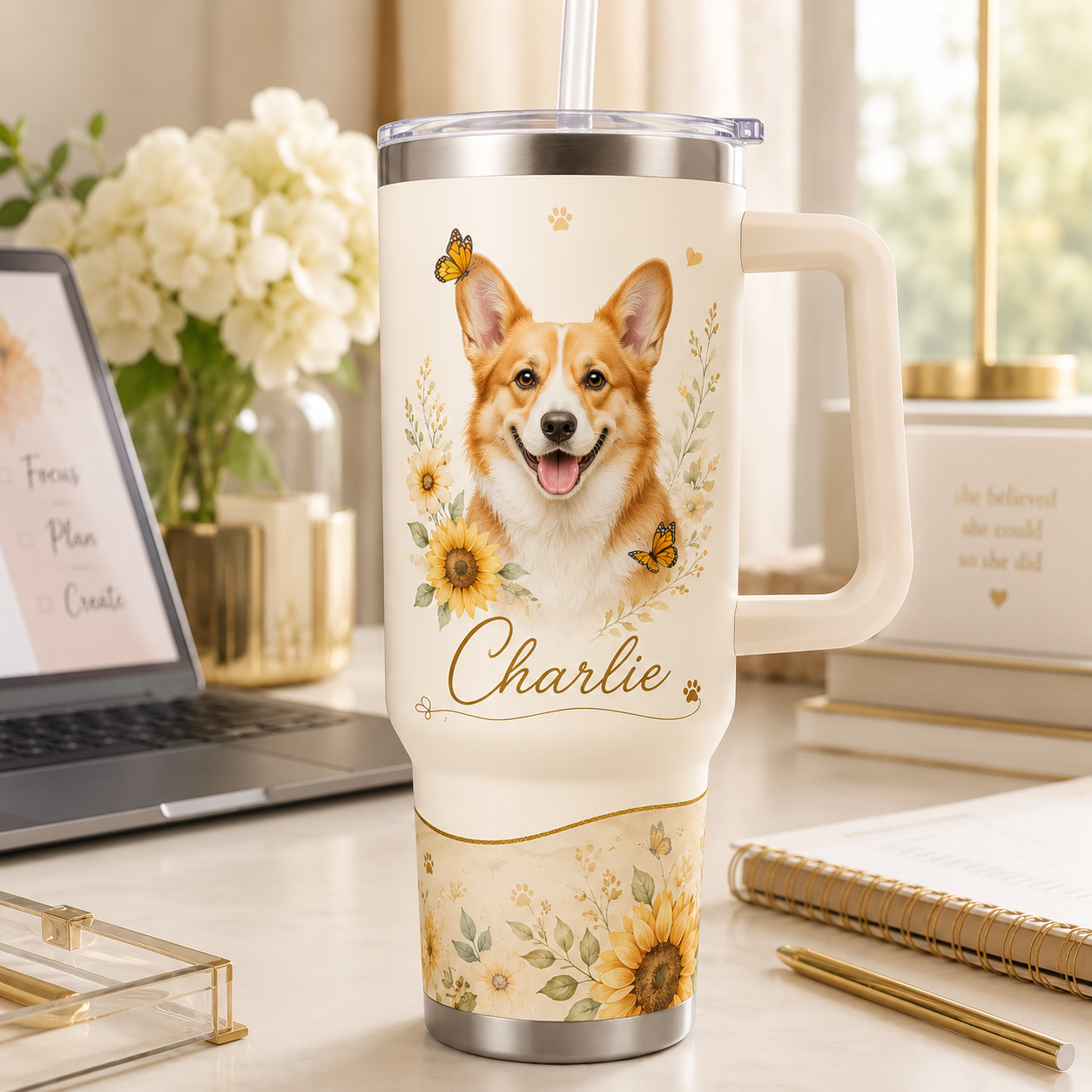 Custom Photo Dog Flower 40oz Tumbler | Gift For Dog Lovers | Pet Lover Gifts