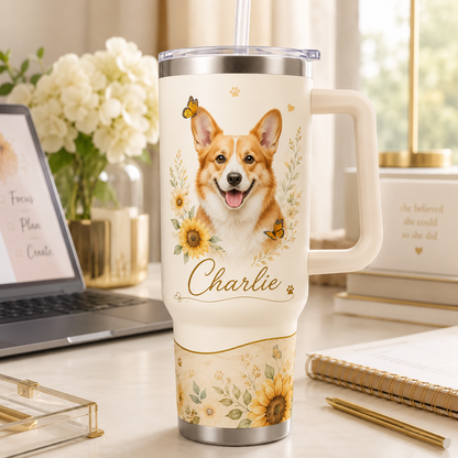 Custom Photo Dog Flower 40oz Tumbler | Gift For Dog Lovers | Pet Lover Gifts