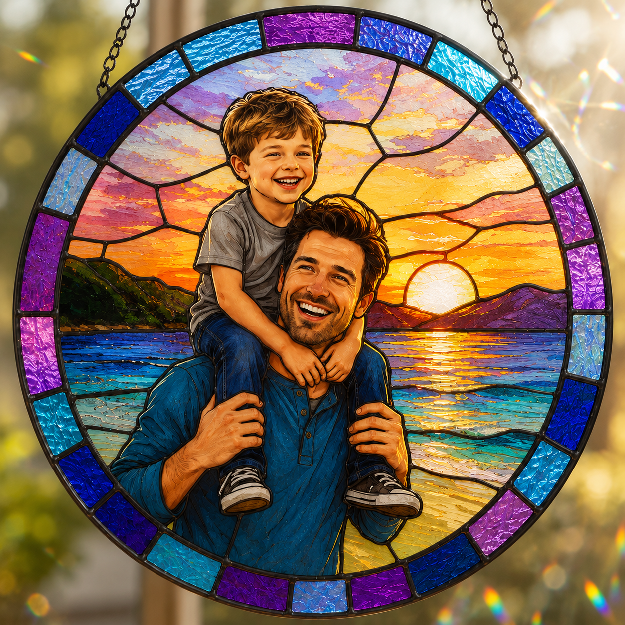 Custom Photo Dad & Son Stained Glass Suncatcher – Personalized Dad Gifts | Gift For Dad TOM99