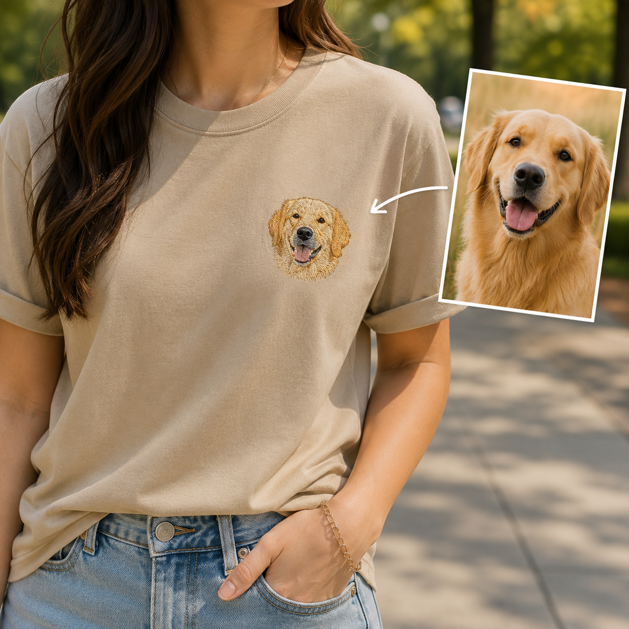 Personalized Pet Portrait Embroidered Tee, Custom Dog Photo Shirt, Gift For Dog Mom Dad THUC99