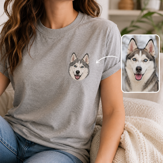 Personalized Pet Portrait Embroidered Tee, Custom Dog Photo Shirt, Gift For Dog Mom Dad THUC99