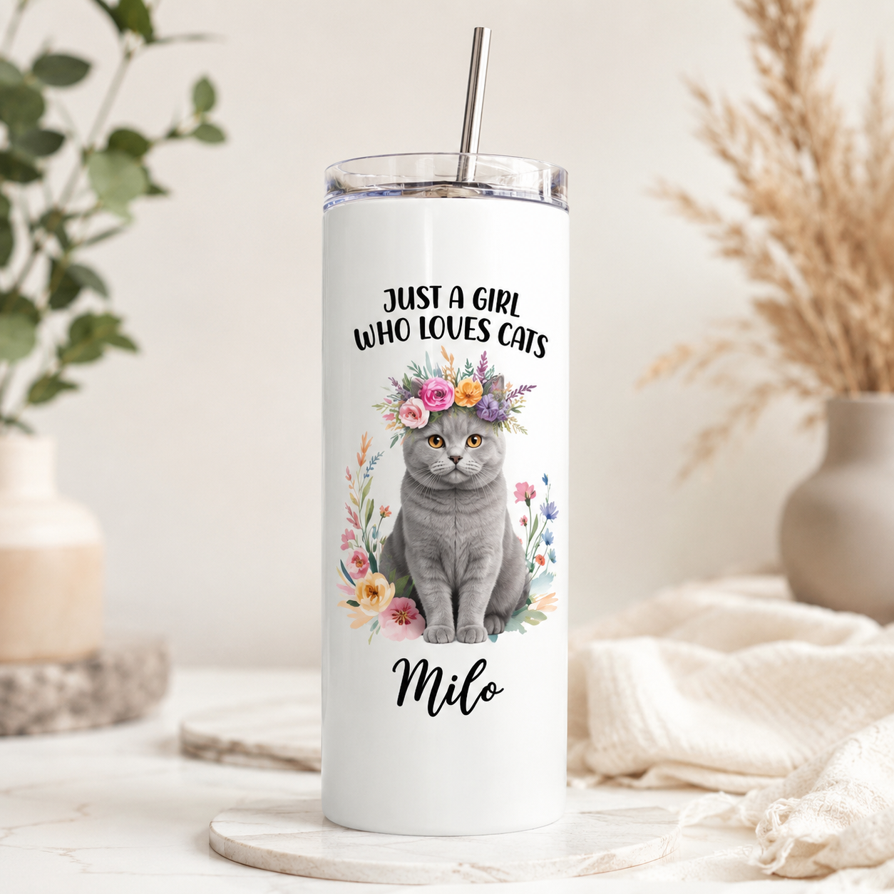 Personalized Photo Just A Girl Who Loves Cat 20oz Skinny Tumbler – Custom Cat Photo Skinny Tumbler for Woman and Cat Owners TOM99