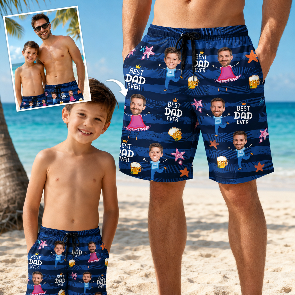 Custom Photo Best Dad Ever Summer Beach Shorts, Personalized Matching Swim Trunks, Tropical Family Vacation Gift
