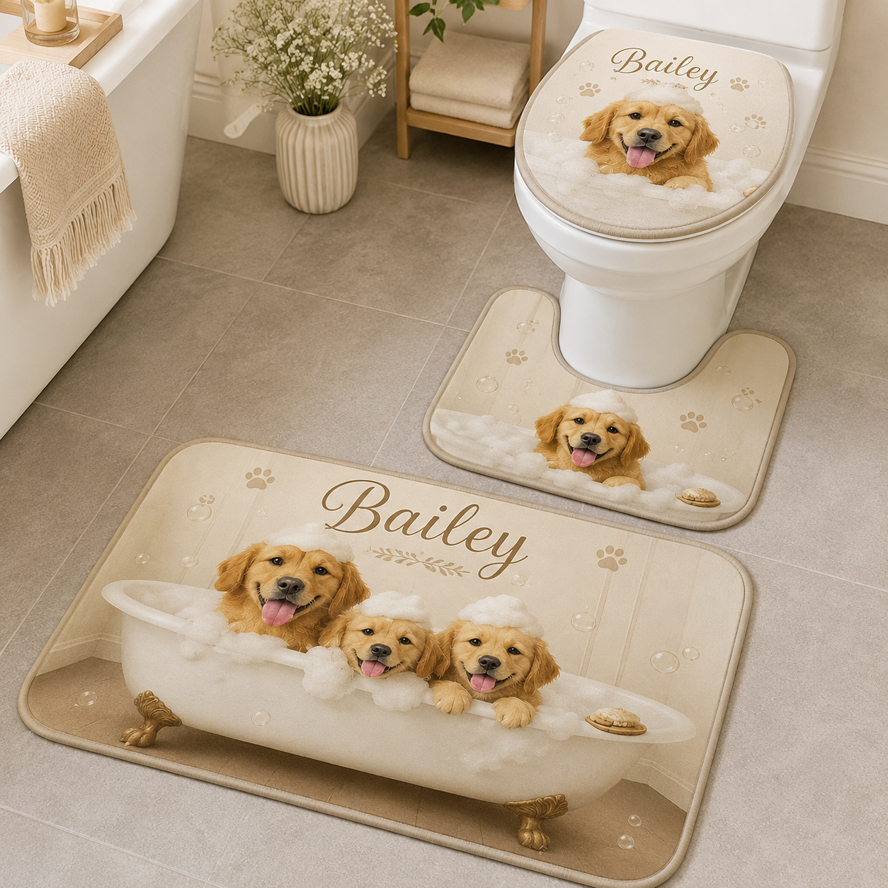 Custom Photo Dog 3pcs Bathroom Rug Set | Gift For Dog Lovers | Pet Photo Gifts