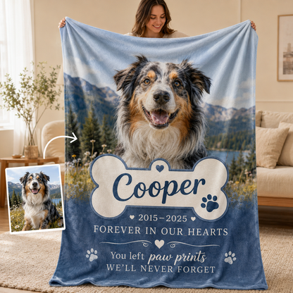 Custom Photo Dog Memorial Forever In Our Hearts Blanket | Personalized Dog Lovers Gifts | Gift For Dog Lovers TOM99