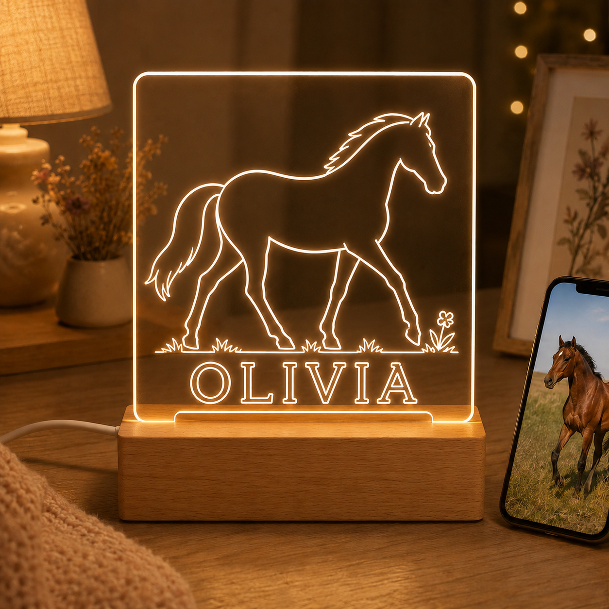 Custom Photo Horse Wooden Led Light | Personalized Horse Photo Wooden Led Light | Gift For Horse Lovers TOM99