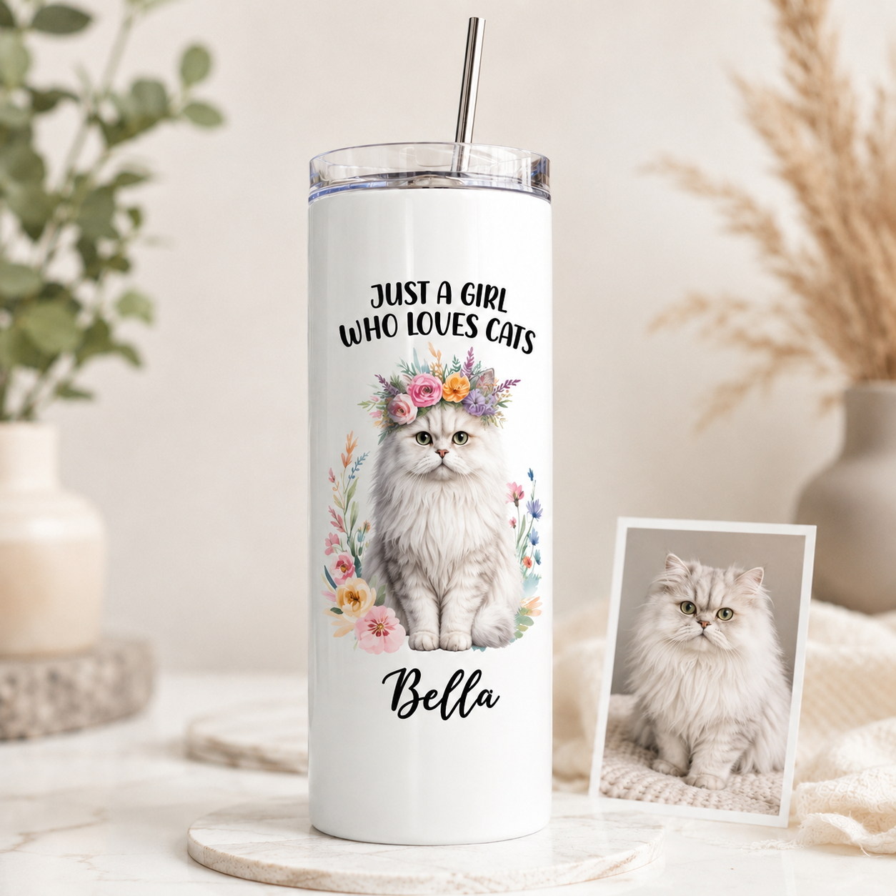 Personalized Photo Just A Girl Who Loves Cat 20oz Skinny Tumbler – Custom Cat Photo Skinny Tumbler for Woman and Cat Owners TOM99