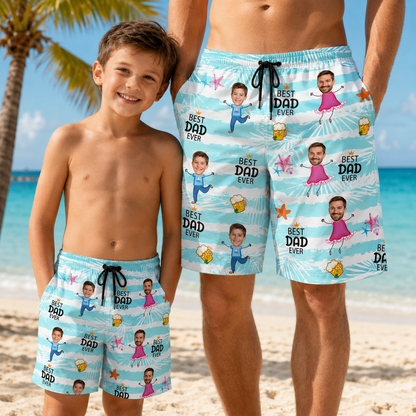 Custom Photo Best Dad Ever Summer Beach Shorts, Personalized Matching Swim Trunks, Tropical Family Vacation Gift