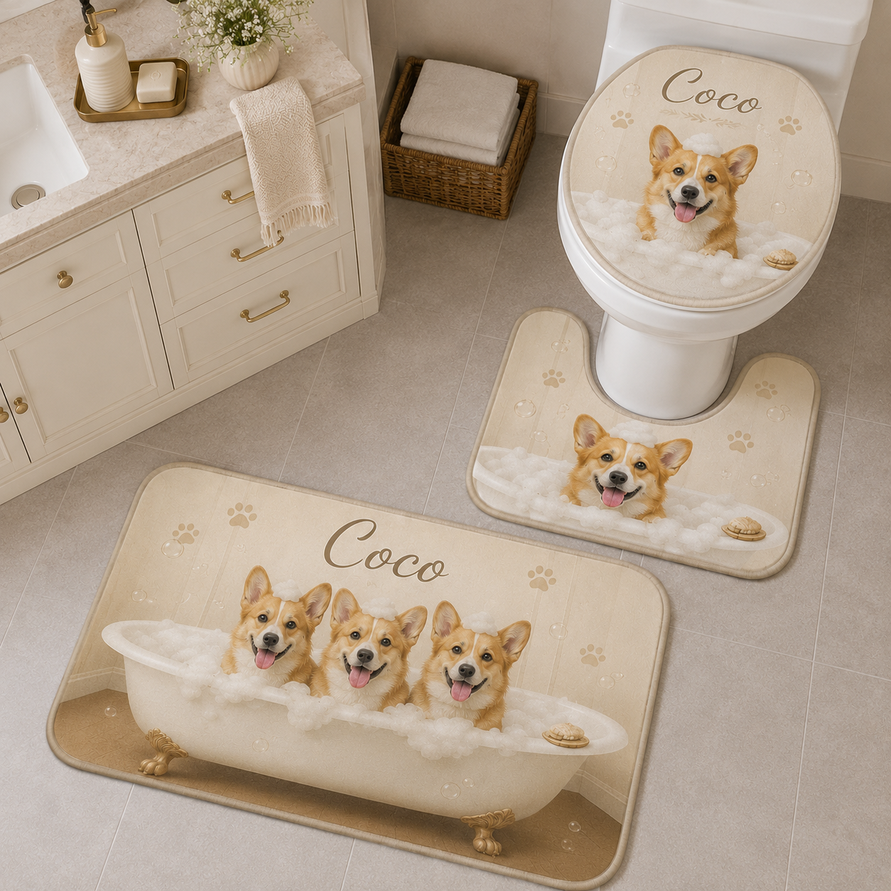 Custom Photo Dog 3pcs Bathroom Rug Set | Gift For Dog Lovers | Pet Photo Gifts