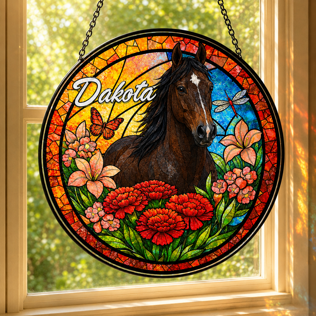 Custom Photo Horse's Night Stained Glass Suncatcher – Personalized Horse Lover Gifts | Gift For Horse Lover TOM99