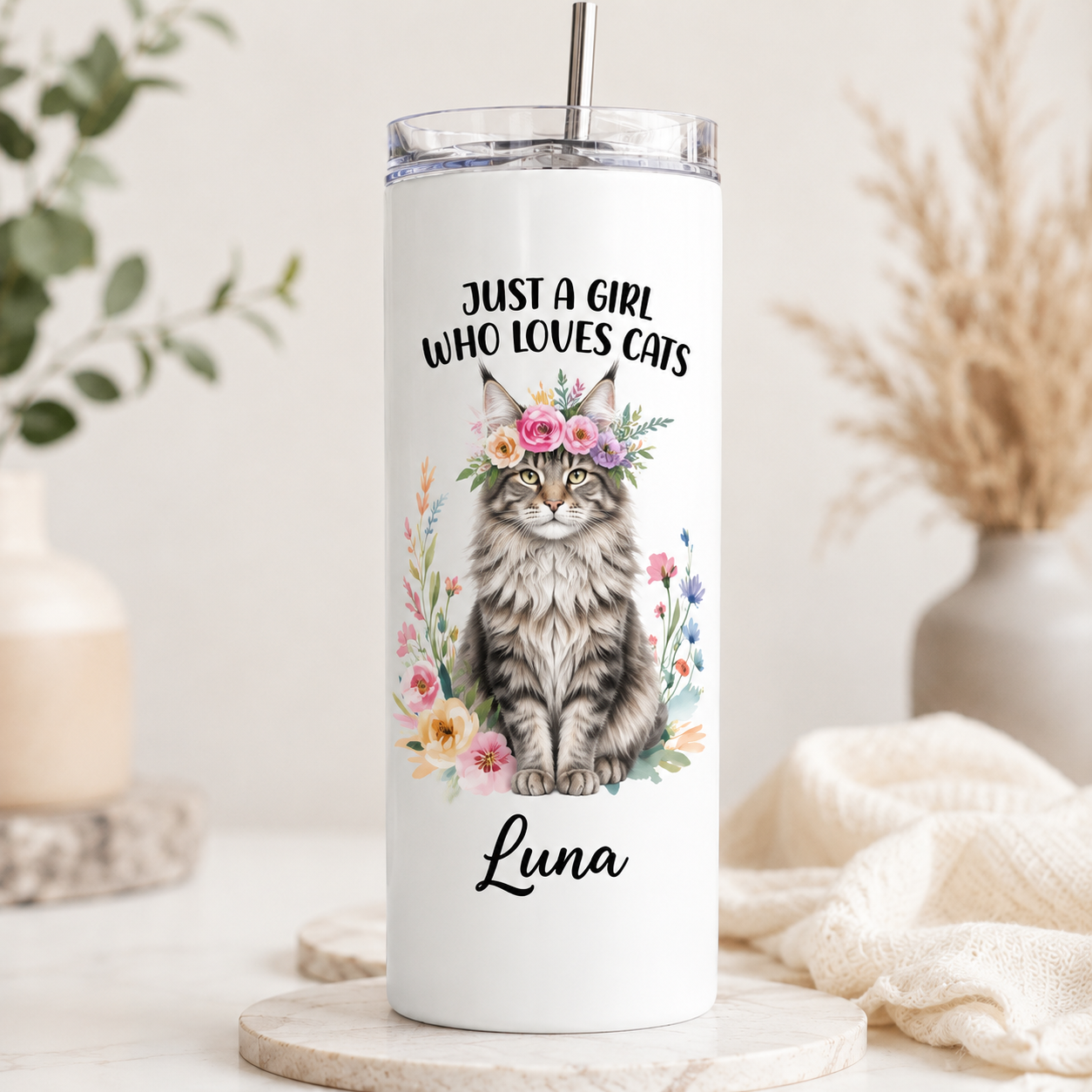 Personalized Photo Just A Girl Who Loves Cat 20oz Skinny Tumbler – Custom Cat Photo Skinny Tumbler for Woman and Cat Owners TOM99