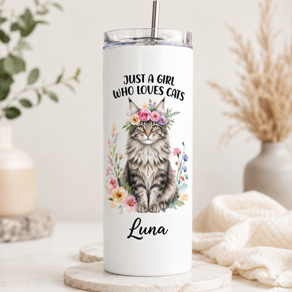 Personalized Photo Just A Girl Who Loves Cat 20oz Skinny Tumbler – Custom Cat Photo Skinny Tumbler for Woman and Cat Owners TOM99
