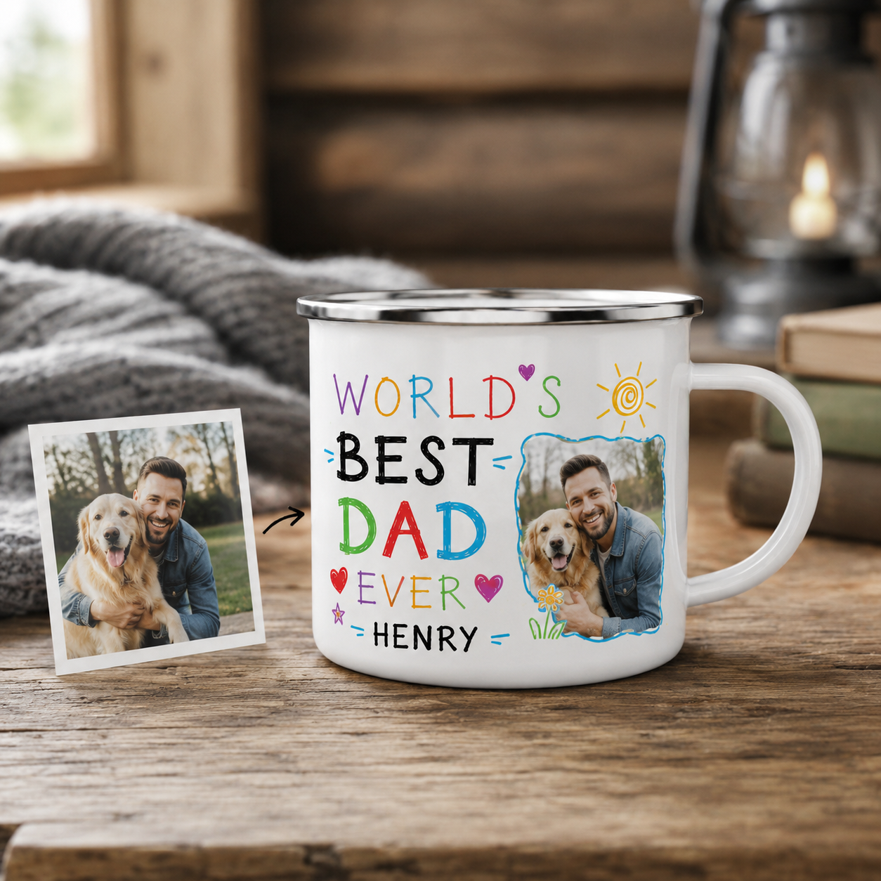 Personalized Dad Photo Camp Mug 12oz, Custom Dad Enamel Cup, Gift For Dad TOM99