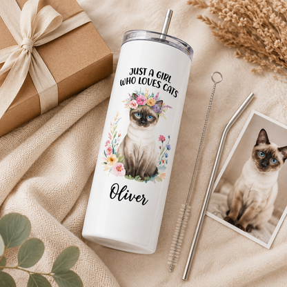 Personalized Photo Just A Girl Who Loves Cat 20oz Skinny Tumbler – Custom Cat Photo Skinny Tumbler for Woman and Cat Owners TOM99