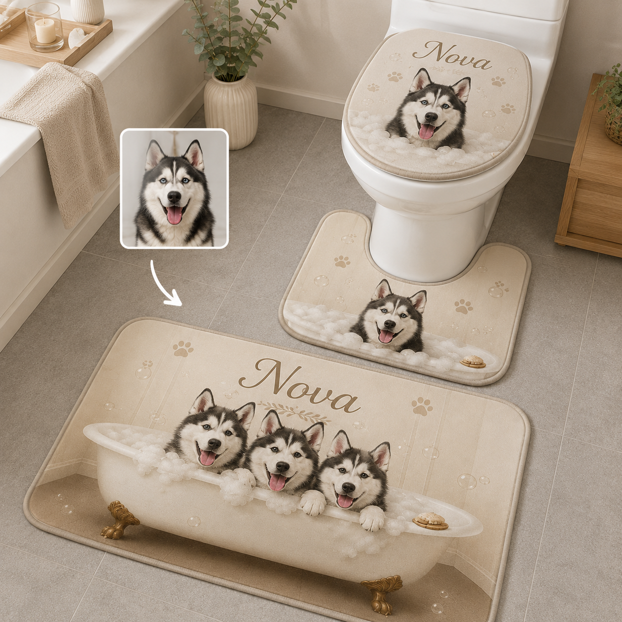 Custom Photo Dog 3pcs Bathroom Rug Set | Gift For Dog Lovers | Pet Photo Gifts