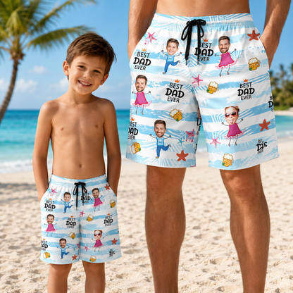 Custom Photo Best Dad Ever Summer Beach Shorts, Personalized Matching Swim Trunks, Tropical Family Vacation Gift