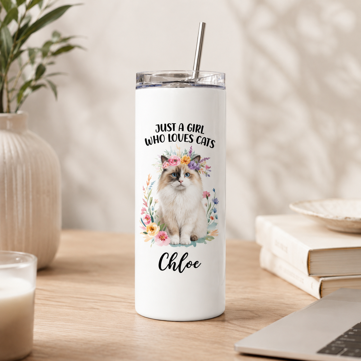 Personalized Photo Just A Girl Who Loves Cat 20oz Skinny Tumbler – Custom Cat Photo Skinny Tumbler for Woman and Cat Owners TOM99