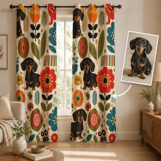 Custom Photo Floral Dog Window Curtain | Gift For Dog Lover