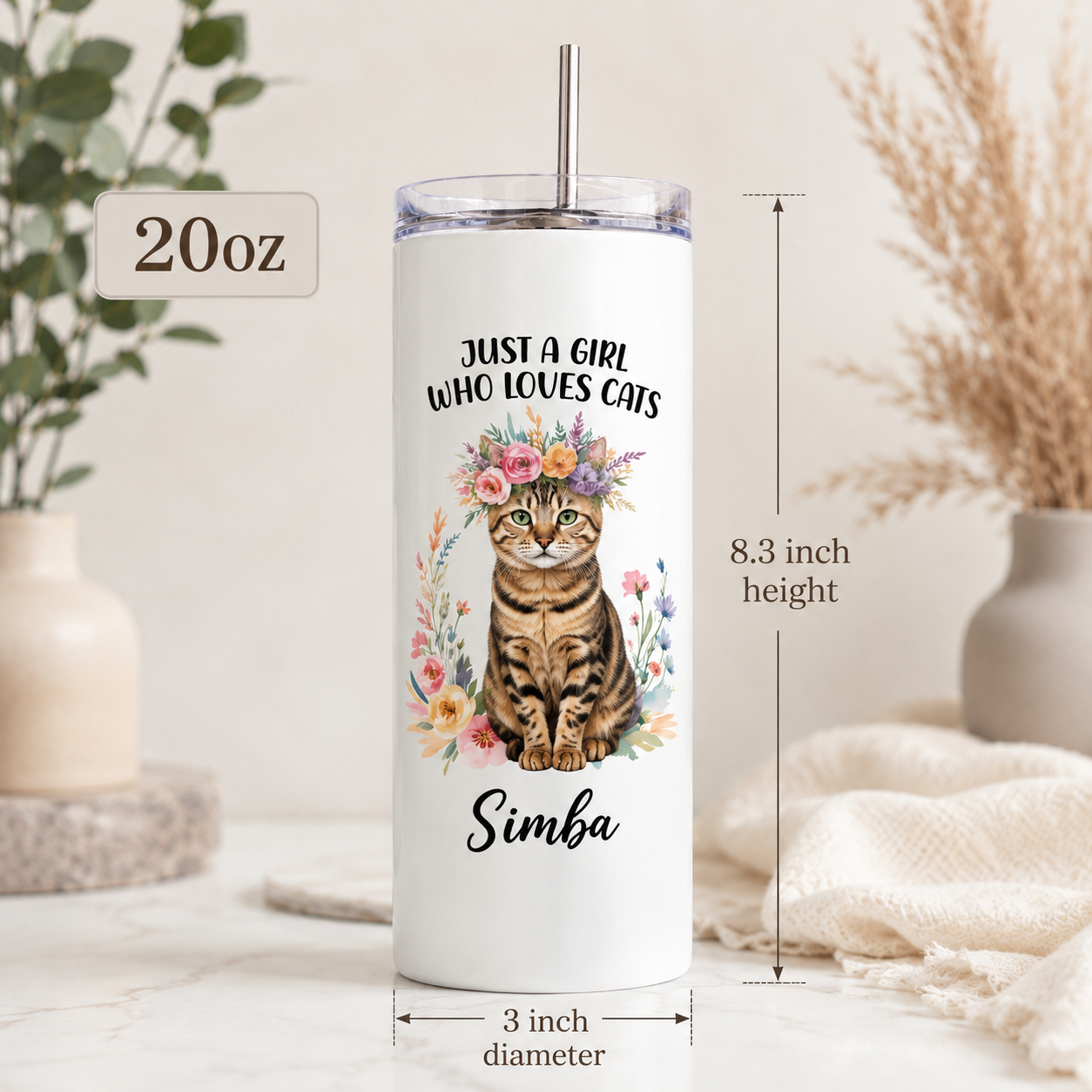 Personalized Photo Just A Girl Who Loves Cat 20oz Skinny Tumbler – Custom Cat Photo Skinny Tumbler for Woman and Cat Owners TOM99