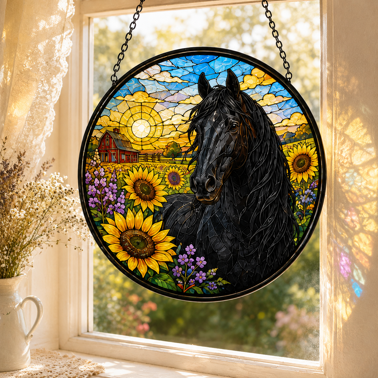 Custom Photo Horse's Night Stained Glass Suncatcher – Personalized Horse Lover Gifts | Gift For Horse Lover TOM99