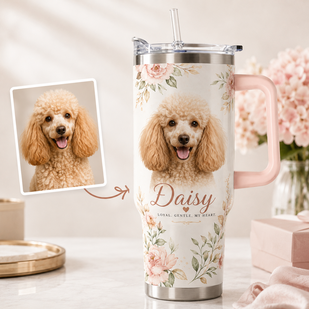 Custom Photo Dog Flower 40oz Tumbler | Gift For Dog Lovers | Pet Lover Gifts