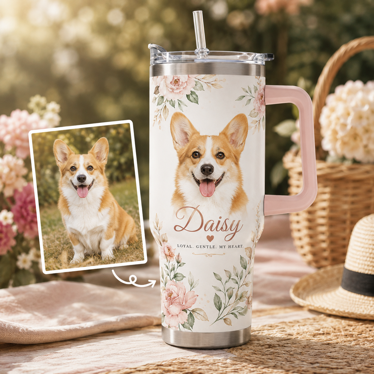 Custom Photo Dog Flower 40oz Tumbler | Gift For Dog Lovers | Pet Lover Gifts