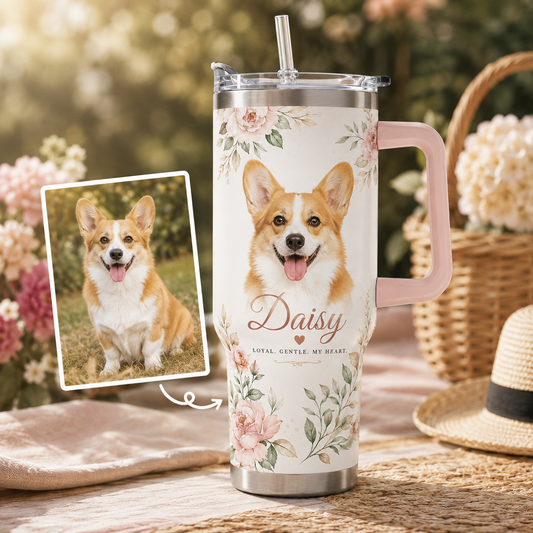 Custom Photo Dog Flower 40oz Tumbler | Gift For Dog Lovers | Pet Lover Gifts