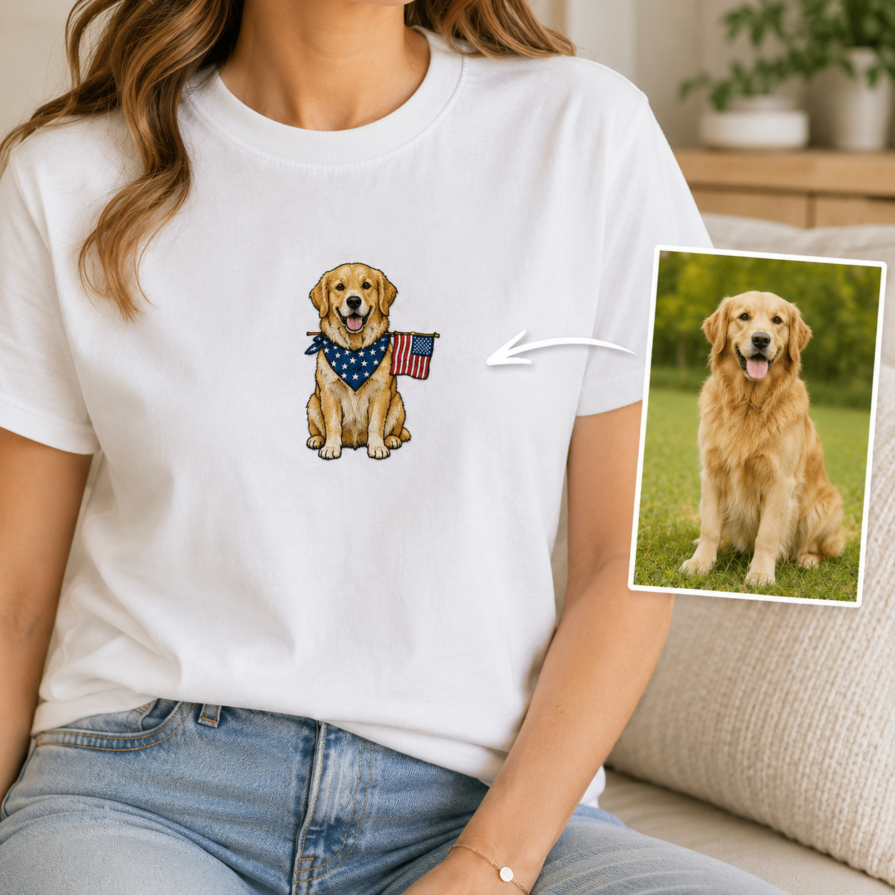 Custom Dog Photo Embroidery Tee, Personalized 250th Year America Pet Shirt, Cute Dog Mom Gift THUC99
